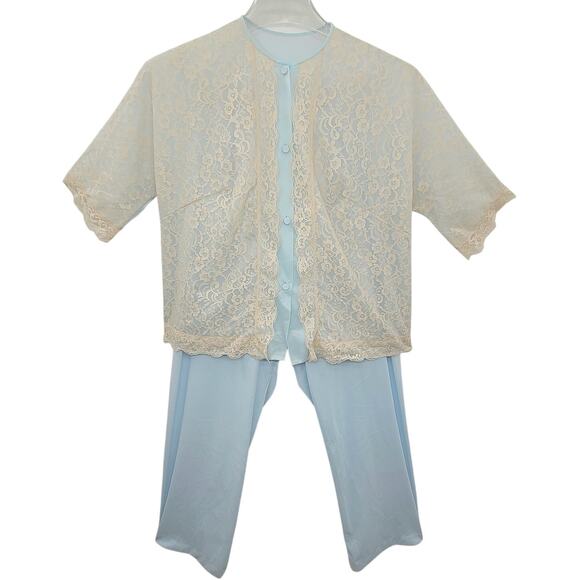 Vanity Fair Vintage Satin Lace Button Up Short Sleeve Pant Pajama Lingerie Set - Picture 1 of 14